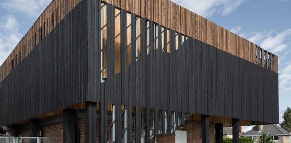 Charred Takage, Shiberiatora cladding and plain Siberian Larch timber cladding used on a leisure centre in Bournemouth.